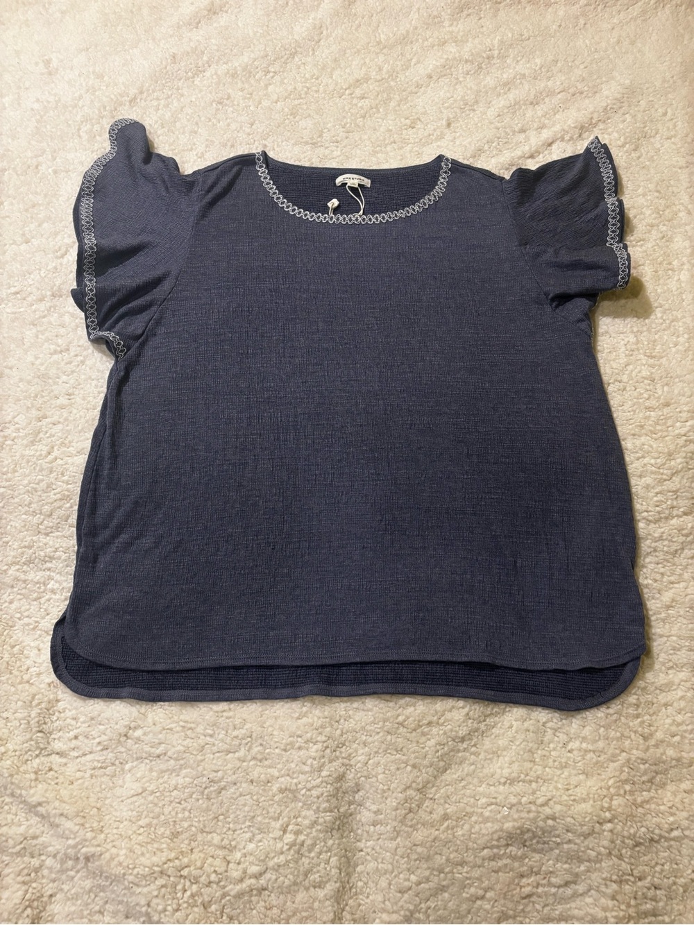 Navy Puff Sleeve Top with White Trim1817